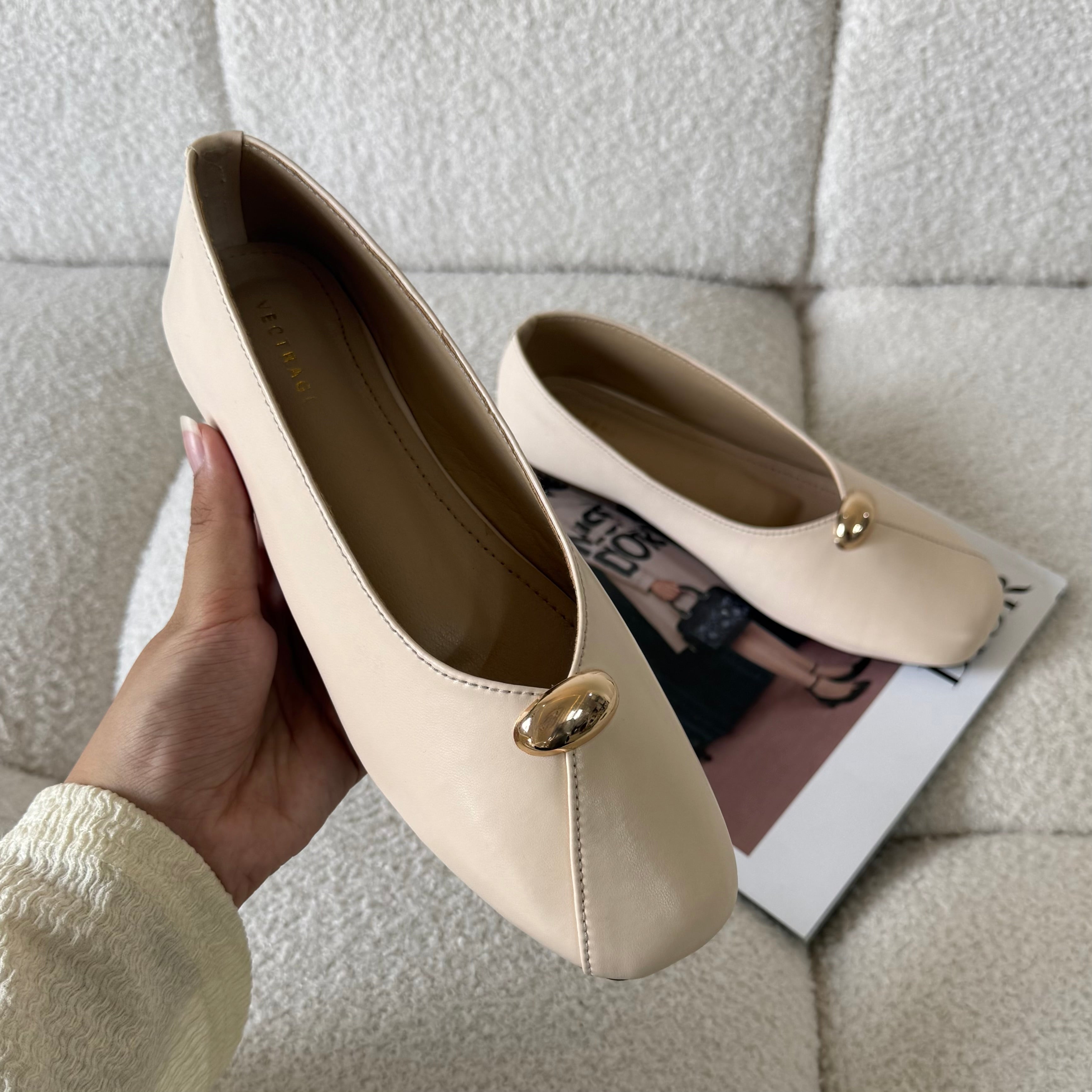 cream white square toe flats