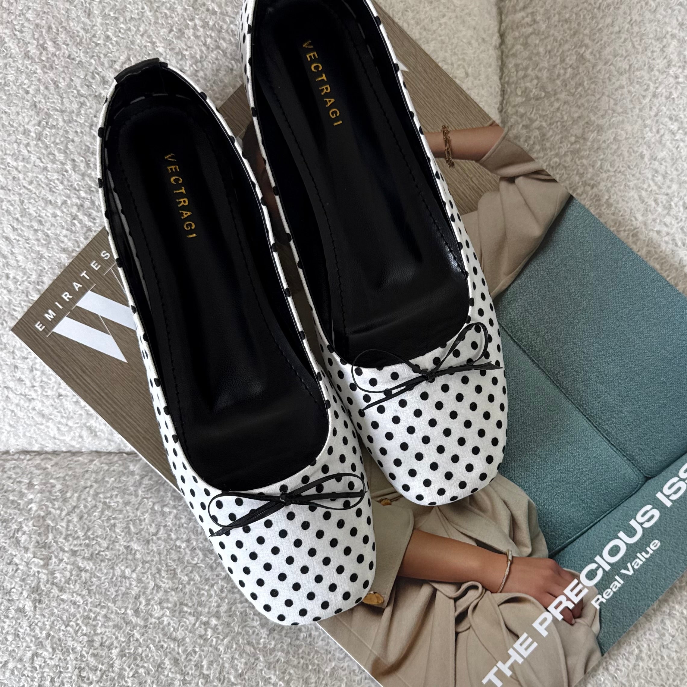 White polka flats