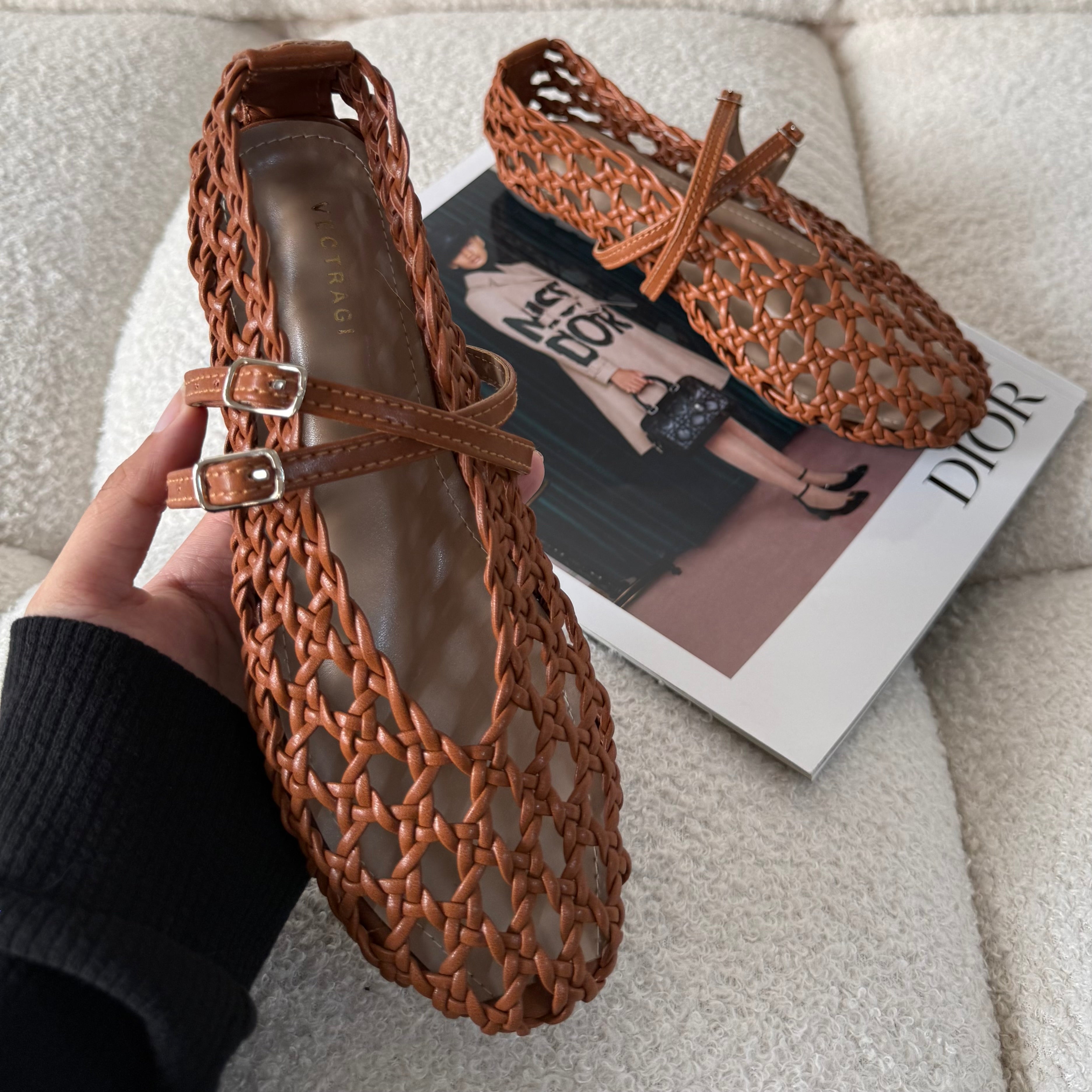 BROWN WOVEN FLATS