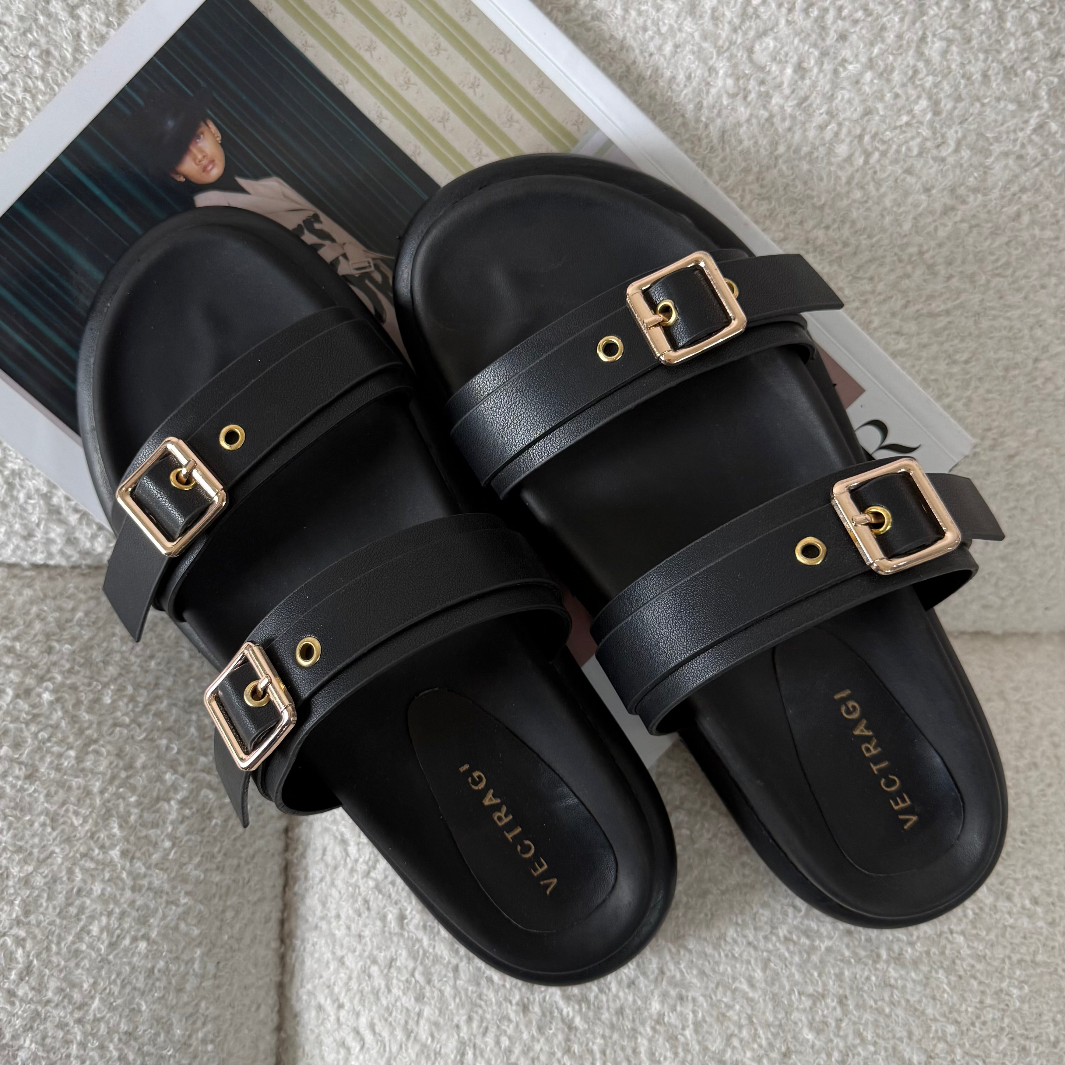 Black buckle sandals