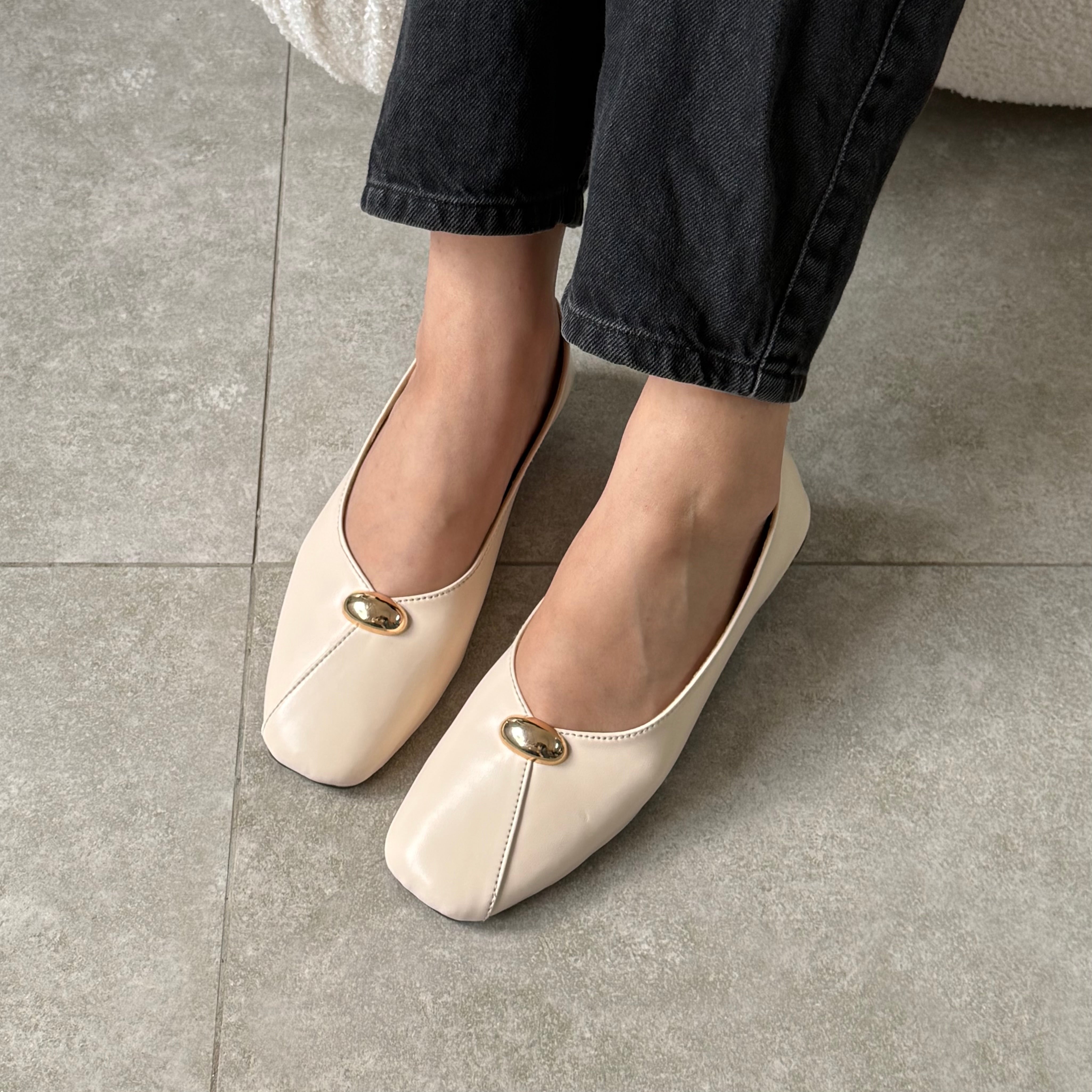 cream white square toe flats