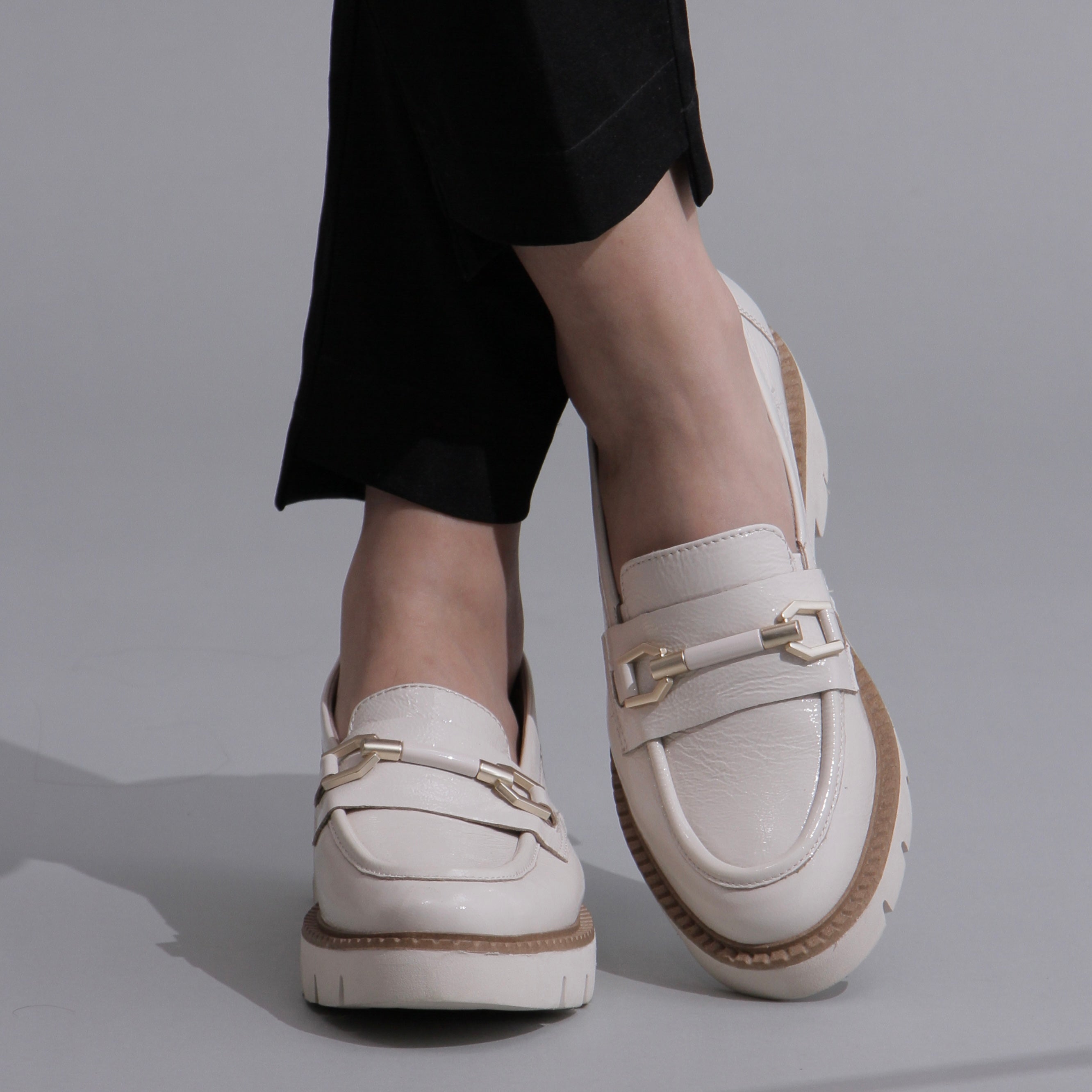 Chunky white leather loafers