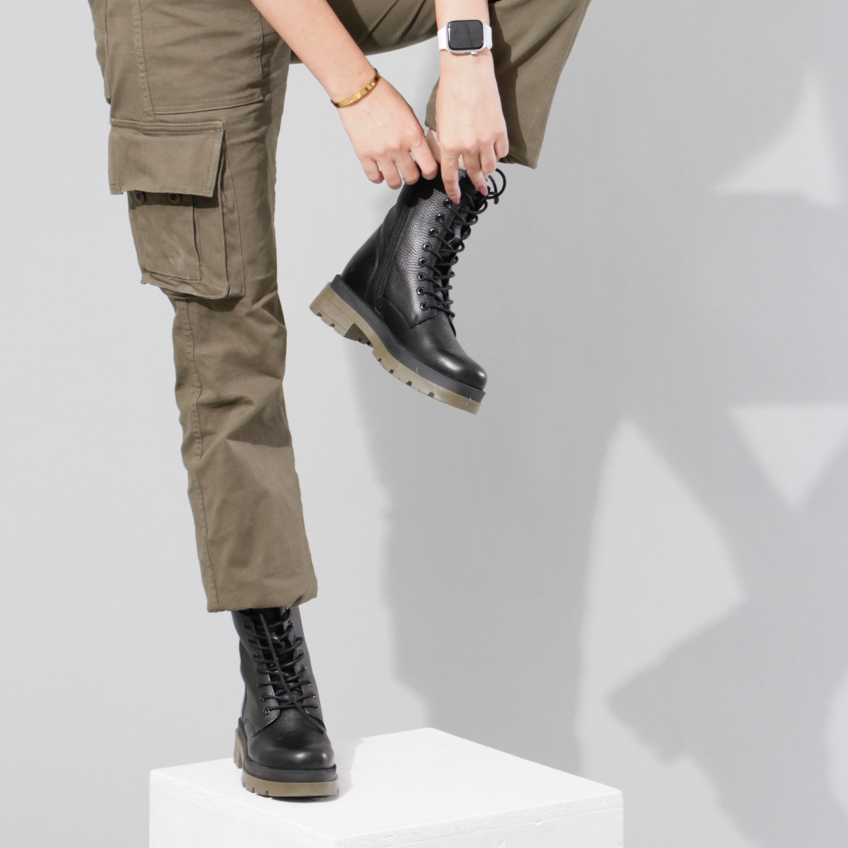 Army green brick platform boots