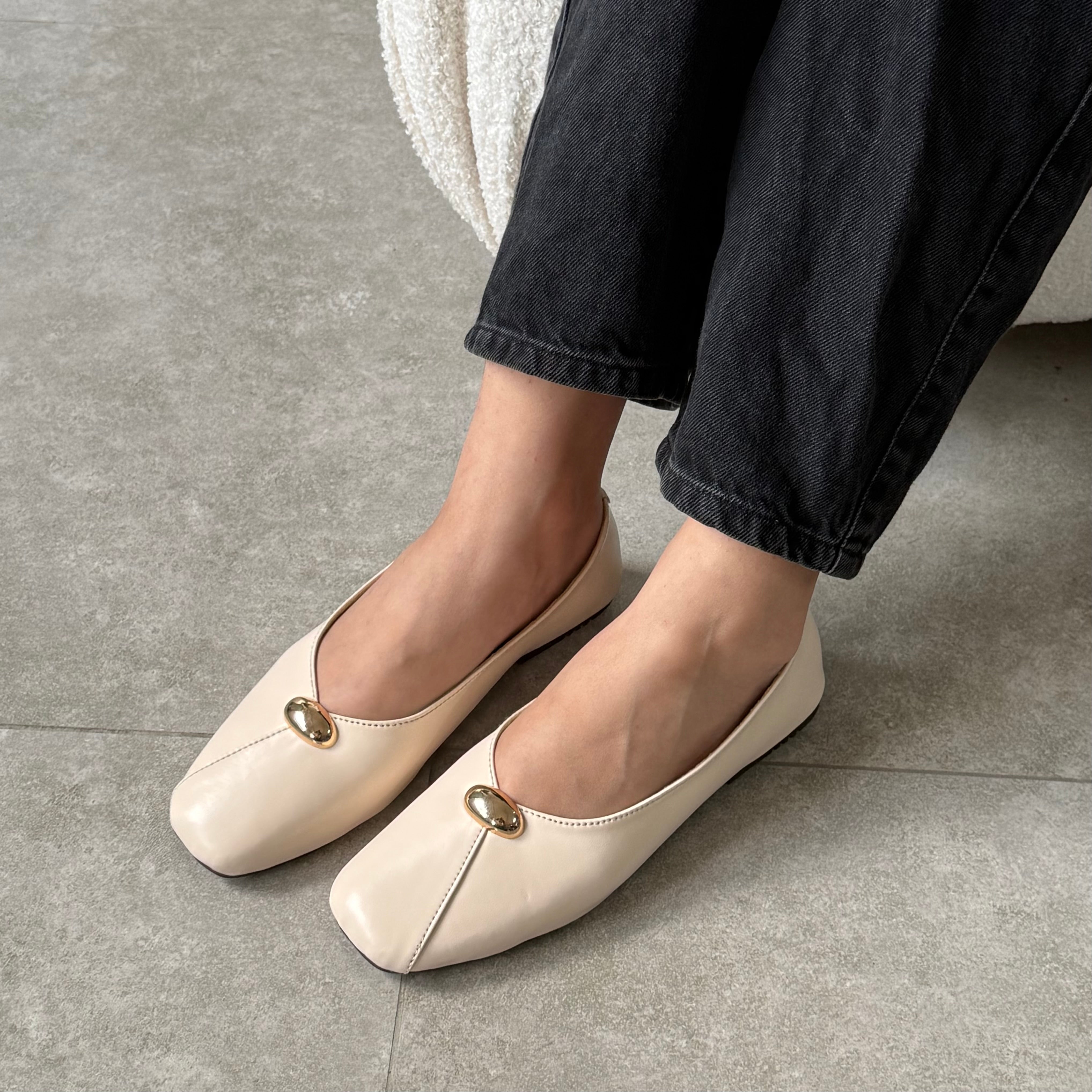 cream white square toe flats